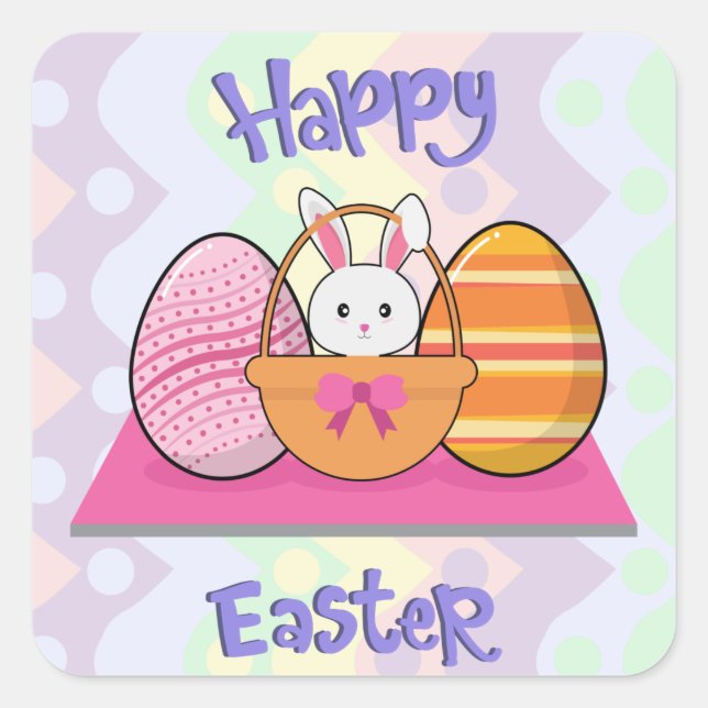 Happy Easter Bunny Eggs Basket Cute Easter  Square Sticker (Front)