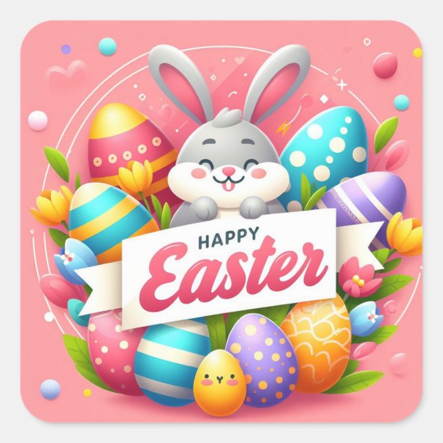 Happy Easter - Bunny Eggs in Pastel Colours Square Sticker (Front)