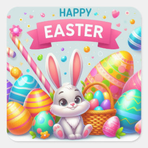 Happy Easter - Bunny Eggs in Pastel Colours Square Sticker