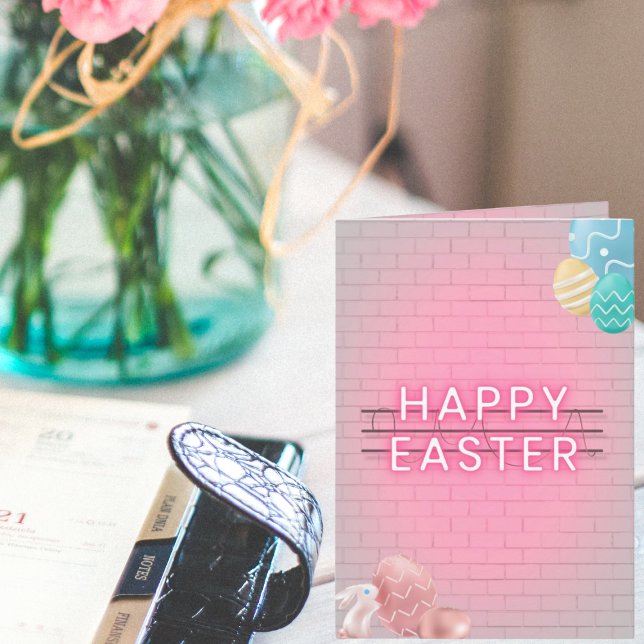 Happy Easter Bunny Eggs Pink Graphic Modern Folded Card (Creator Uploaded)