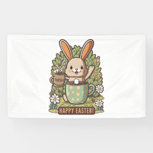 Happy Easter Bunny Floral Egg Hunting Coffee Lover Banner