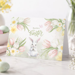 Happy Easter Bunny Floral Greeting Card   Tulips