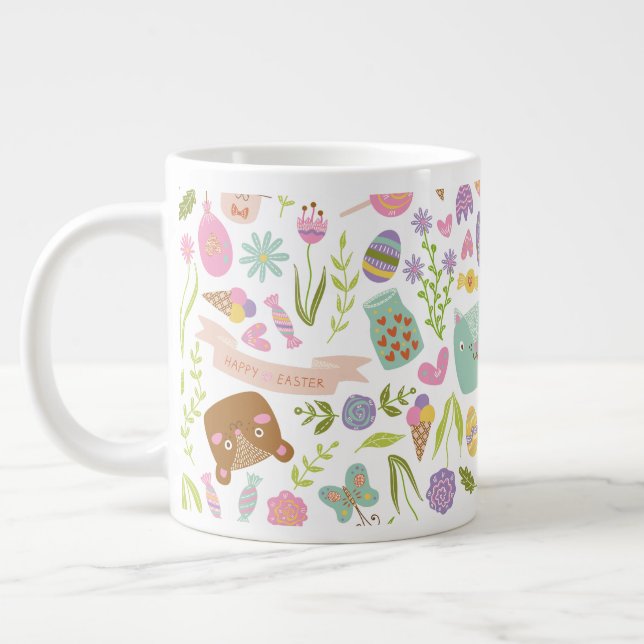 Happy Easter Bunny Floral Pattern Large Coffee Mug (Left)
