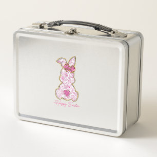 Happy Easter Bunny Girls Easter Women Pink Floral  Metal Lunch Box