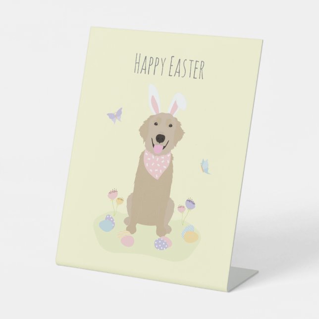 Happy Easter Bunny Golden Retriever Wine Label Pedestal Sign (Front)