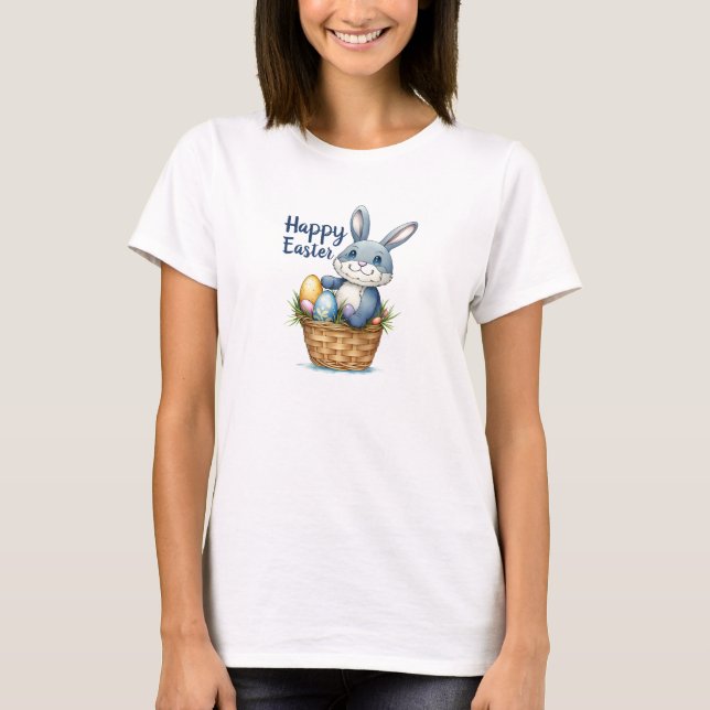 Happy Easter, Bunny In Egg Basket T-Shirt (Front)
