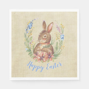 Happy Easter Bunny in Garden Watercolor Flowers Napkin