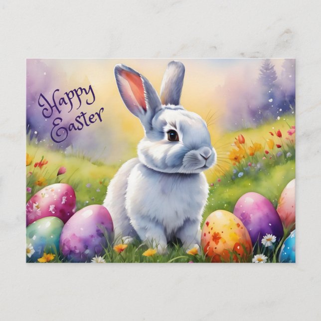 Happy Easter Bunny in the Meadow  Holiday Postcard (Front)