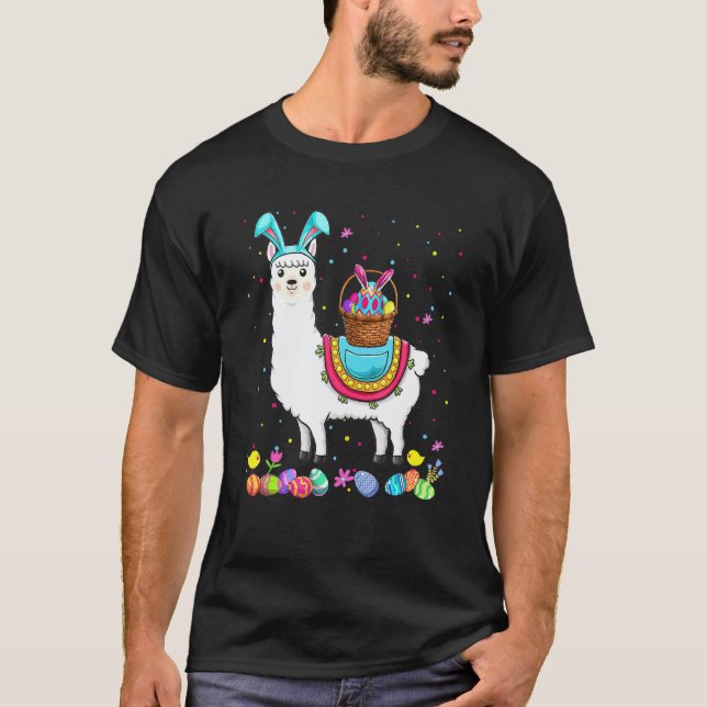 Happy Easter Bunny Llama Bringing Easter Egg Baske T-Shirt (Front)