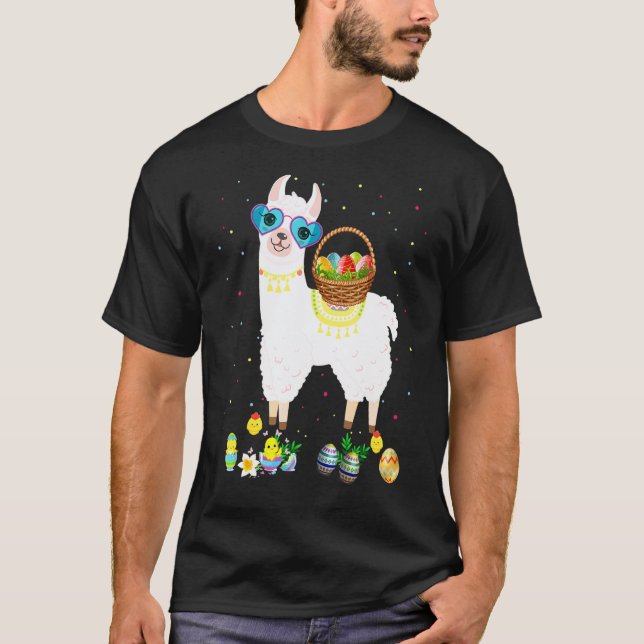 Happy Easter Bunny Llama Bringing Easter Egg Baske T-Shirt (Front)