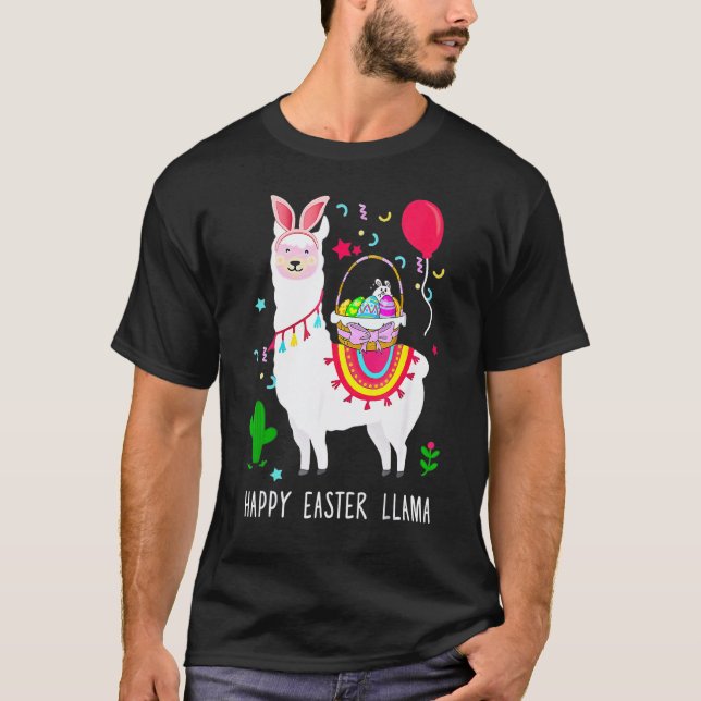 Happy Easter Bunny Llama Bringing Easter Egg Baske T-Shirt (Front)