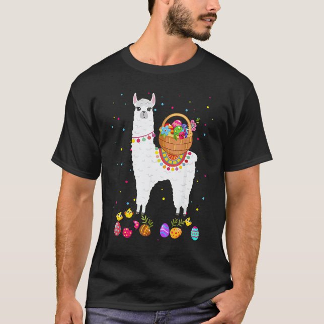 Happy Easter Bunny Llama Bringing Easter Egg Baske T-Shirt (Front)