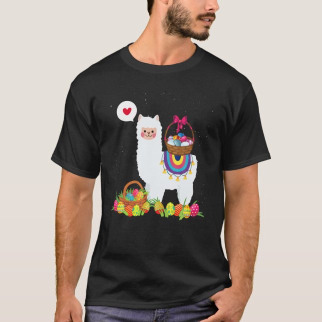 Happy Easter Bunny Llamas Bringing Easter Egg Bask T-Shirt (Front)