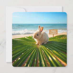 Happy Easter Bunny on Palm Branch on Beach Holiday Card