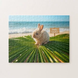 Happy Easter Bunny on Palm Branch on Beach Jigsaw Puzzle