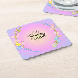 Happy Easter Bunny Outline Pretty Pastel Paper Coaster