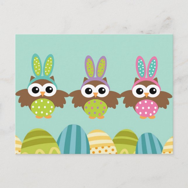Happy Easter Bunny Owls Holiday Postcard (Front)