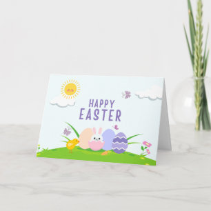 Happy Easter Bunny, Painted Eggs and Chicken Card