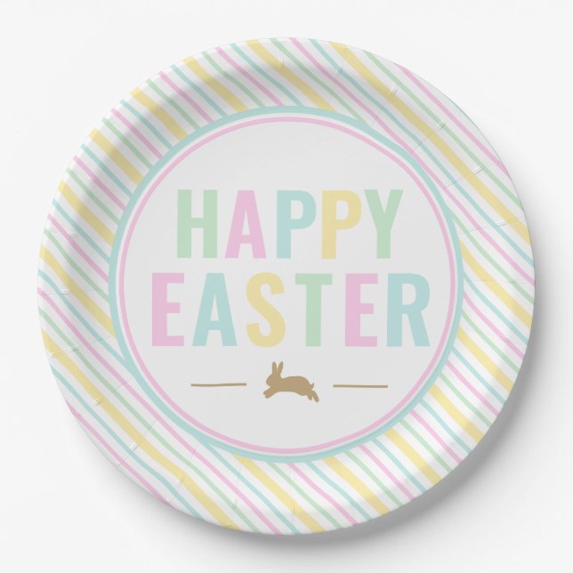Happy Easter Bunny Pastel Stripe Paper Plate (Front)