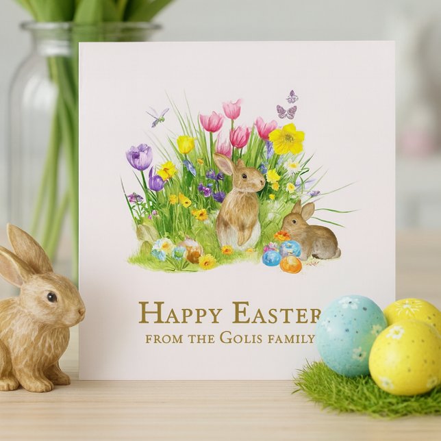 Happy Easter Bunny Personalised Flat Holiday Card (Hand-cut collage of watercolor elements, pieced and compressed with care for Easter charm)
