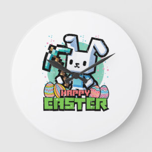 Happy Easter Bunny Pixel Game Gaming Gamer Boys Ki Large Clock