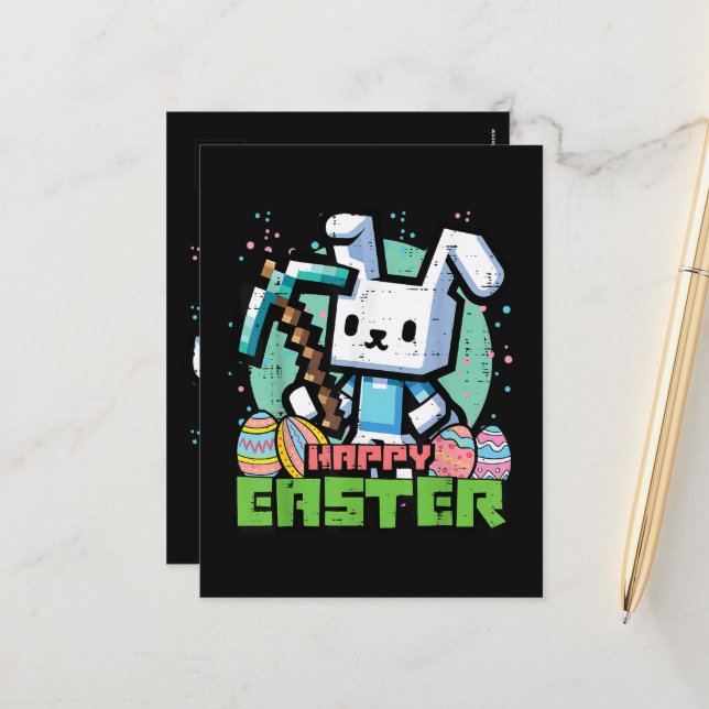 Happy Easter Bunny Pixel Game  Holiday Postcard (Front/Back In Situ)