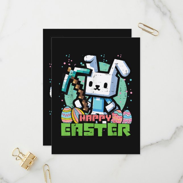 Happy Easter Bunny Pixel Game  Invitation Postcard (Front/Back In Situ)