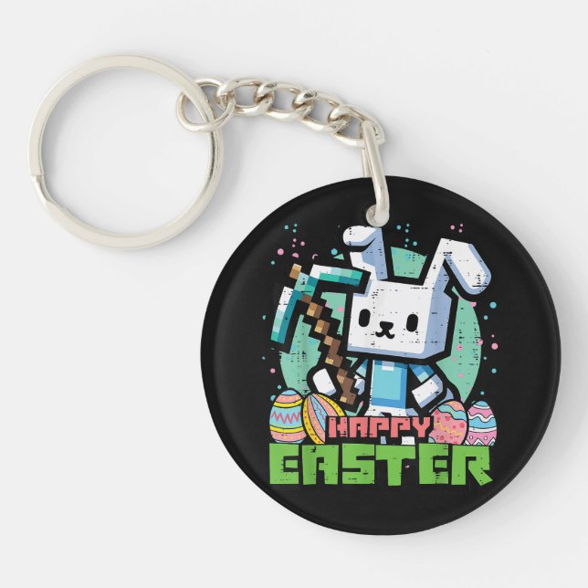 Happy Easter Bunny Pixel Game  Key Ring (Front)