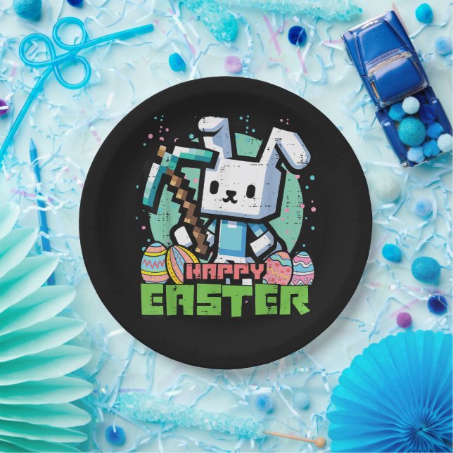 Happy Easter Bunny Pixel Game  Paper Plate (Party)