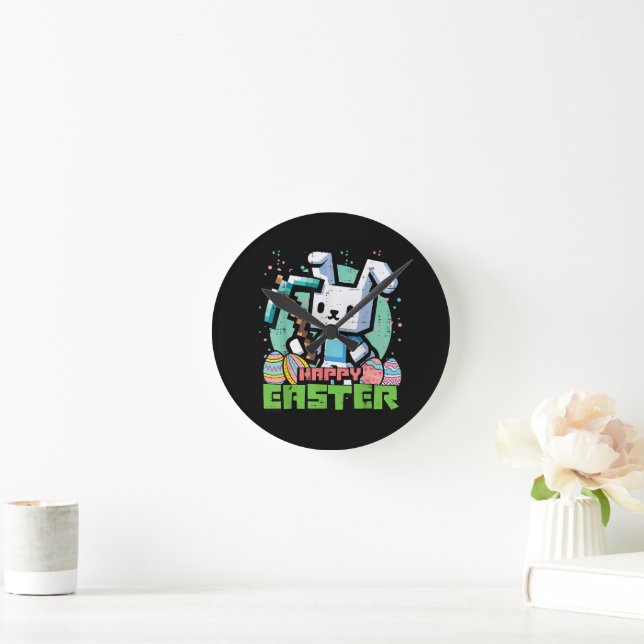 Happy Easter Bunny Pixel Game  Round Clock (Home)