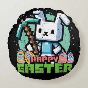Happy Easter Bunny Pixel Game  Round Cushion