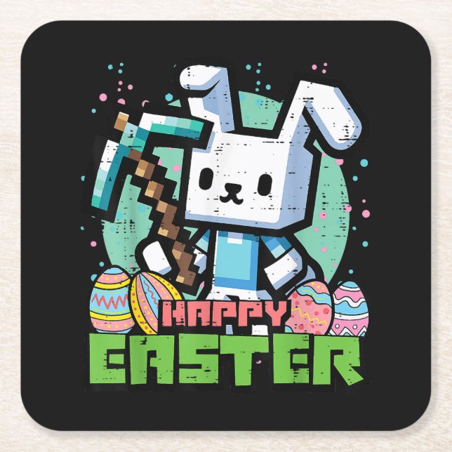 Happy Easter Bunny Pixel Game  Square Paper Coaster (Front)