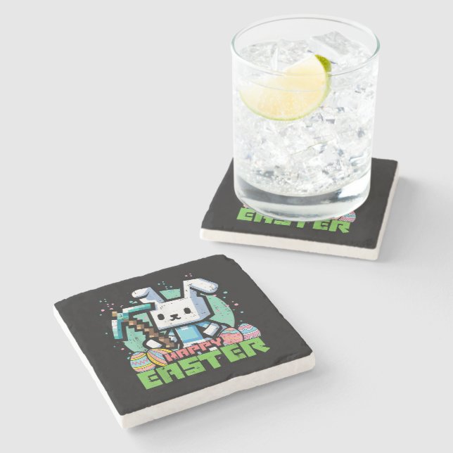 Happy Easter Bunny Pixel Game  Stone Coaster (Side)