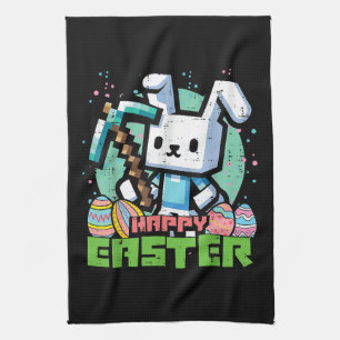 Happy Easter Bunny Pixel Game  Tea Towel