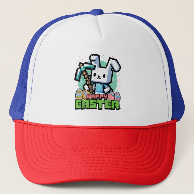 Happy Easter Bunny Pixel Game  Trucker Hat (Front)