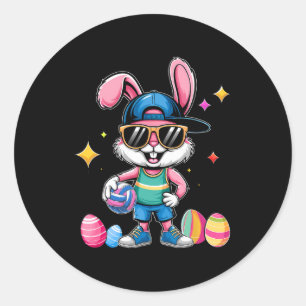 Happy Easter Bunny Playing Volleybyll Easter Sport Classic Round Sticker