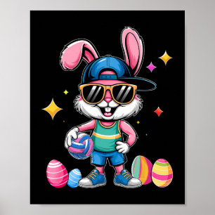 Happy Easter Bunny Playing Volleyll Easter Sport K Poster