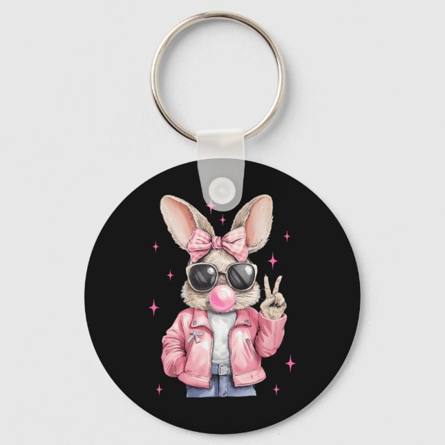 Happy Easter Bunny Rabbit Face Coquette Bow Easter Key Ring (Front)