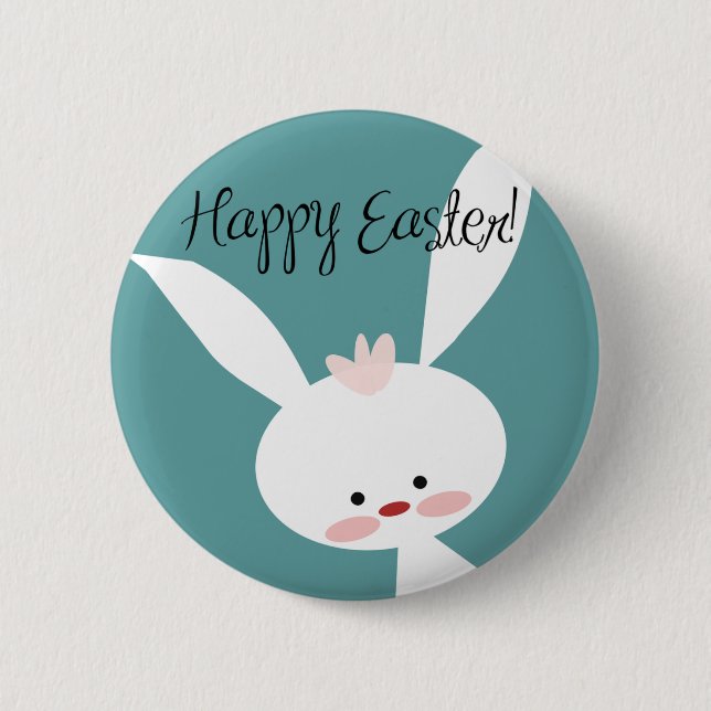 Happy Easter bunny rabbit on blue teal background 6 Cm Round Badge (Front)