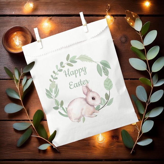 Happy Easter Bunny Rabbit Sage Floral Wreath Favour Bags (Cute Easter Bunny Rabbit and Eucalyptus Wreath Sage Green "Happy Easter" Favor Bags)