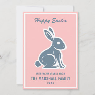 Happy Easter Bunny Rabbit Slate Blue Pink White Holiday Card