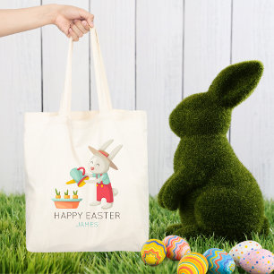 Happy Easter Bunny Rabbit Watering Carrots Name Tote Bag