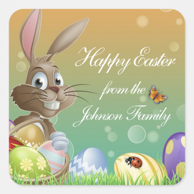 Happy Easter Bunny Rabbit with Basket Square Sticker (Front)