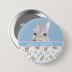 Happy Easter Bunny Rabbits and Blue Polka Dots  7.5 Cm Round Badge