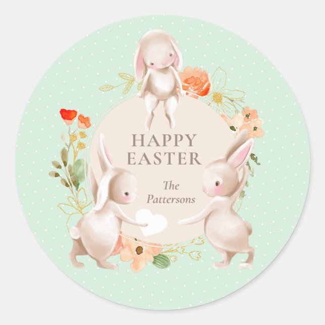 Happy Easter Bunny Rabbits Floral Personalised Classic Round Sticker (Front)
