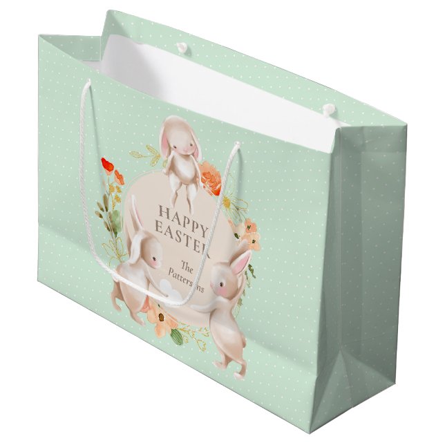 Happy Easter Bunny Rabbits Floral Personalised Large Gift Bag (Front Angled)