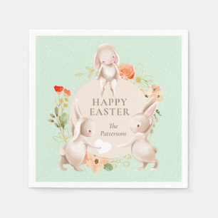 Happy Easter Bunny Rabbits Floral Personalised Napkin