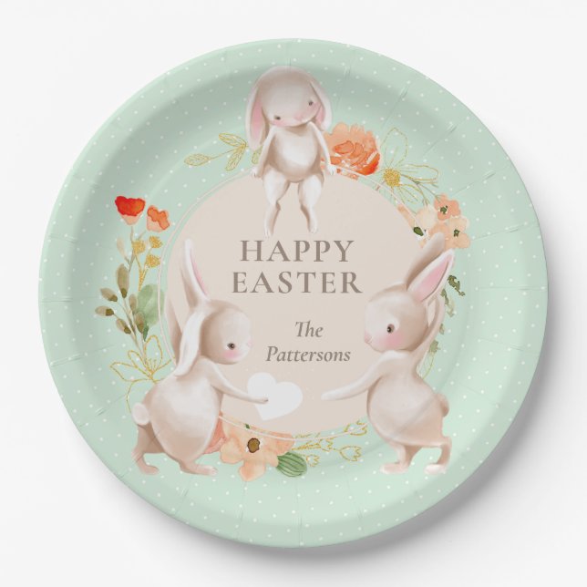 Happy Easter Bunny Rabbits Floral Personalised Paper Plate (Front)