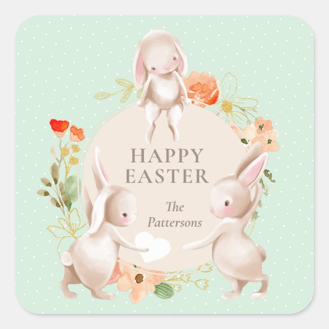 Happy Easter Bunny Rabbits Floral Personalised Square Sticker (Front)