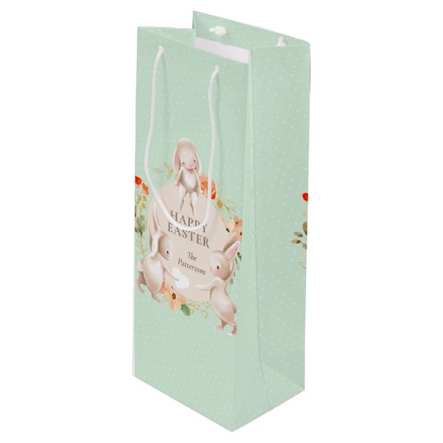 Happy Easter Bunny Rabbits Floral Personalised Wine Gift Bag (Front Angled)